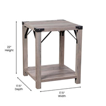 Load image into Gallery viewer, Farmhouse Wooden 2 Tier End Table with Black Metal Corner Accents, Gray Wash
