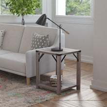 Load image into Gallery viewer, Farmhouse Wooden 2 Tier End Table with Black Metal Corner Accents, Gray Wash
