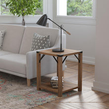 Load image into Gallery viewer, Farmhouse Wooden 2 Tier End Table with Black Metal Corner Accents, Oak
