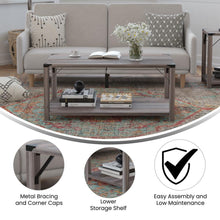 Load image into Gallery viewer, Farmhouse Wooden 2 Tier Coffee Table with Black Metal Corner Accents, Gray Wash

