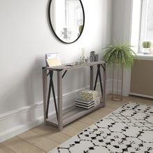 Load image into Gallery viewer, Farmhouse Wooden 2 Tier Console Entry Table with Black Metal Corner, Gray Wash
