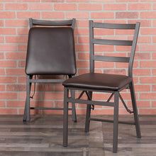 Load image into Gallery viewer, 2 Pack HERCULES Series Brown Folding Ladder Back Metal Chair with Brown Vinyl Seat
