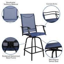 Load image into Gallery viewer, Patio Bar Height Stools Set of 2, All-Weather Textilene Swivel Patio Stools and Deck Chairs with High Back &amp; Armrests in Navy
