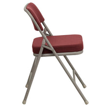Load image into Gallery viewer, 2 Pack Curved Triple Braced &amp; Double Hinged Burgundy Fabric Metal Folding Chair
