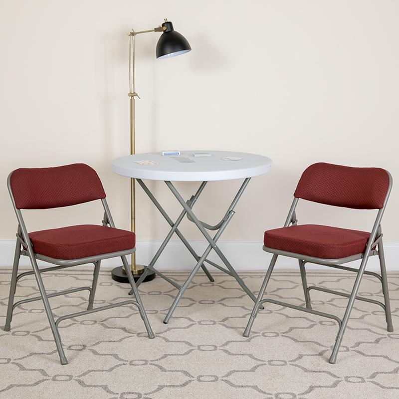 2 Pack Curved Triple Braced & Double Hinged Burgundy Fabric Metal Folding Chair