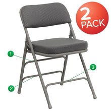 Load image into Gallery viewer, 2 Pack Curved Triple Braced &amp; Double Hinged Gray Fabric Metal Folding Chair
