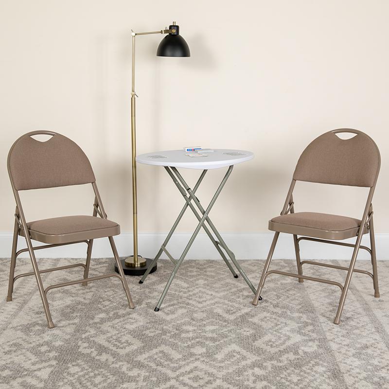 2 Pack HERCULES Series Ultra-Premium Triple Braced Beige Fabric Metal Folding Chair with Easy-Carry Handle