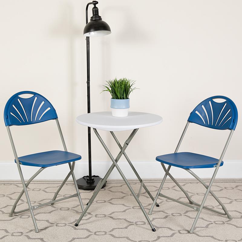 2 Pack HERCULES Series 650 lb. Capacity Blue Plastic Fan Back Folding Chair