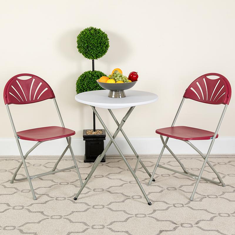 2 Pack HERCULES Series 650 lb. Capacity Burgundy Plastic Fan Back Folding Chair