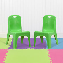 Load image into Gallery viewer, 2 Pack Green Plastic Stackable School Chair with Carrying Handle and 11" Seat Height
