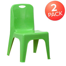 Load image into Gallery viewer, 2 Pack Green Plastic Stackable School Chair with Carrying Handle and 11" Seat Height
