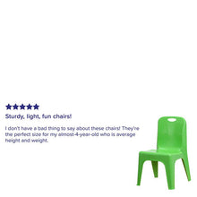 Load image into Gallery viewer, 2 Pack Green Plastic Stackable School Chair with Carrying Handle and 11" Seat Height

