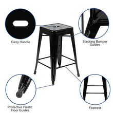 Load image into Gallery viewer, 24" High Metal Counter-Height, Indoor Bar Stool in Black - Stackable Set of 4
