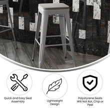 Load image into Gallery viewer, Cierra Set of 4 Commercial Grade 30" High Backless Silver Metal Indoor Bar Height Stools with Gray All-Weather Poly Resin Seats
