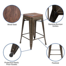 Load image into Gallery viewer, 24" High Metal Counter-Height, Indoor Bar Stool with Wood Seat in Gun Metal Gray - Stackable Set of 4

