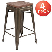 Load image into Gallery viewer, 24" High Metal Counter-Height, Indoor Bar Stool with Wood Seat in Gun Metal Gray - Stackable Set of 4
