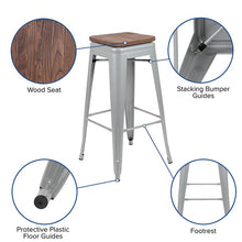 Load image into Gallery viewer, 30" High Metal Indoor Bar Stool with Wood Seat in Silver - Stackable Set of 4
