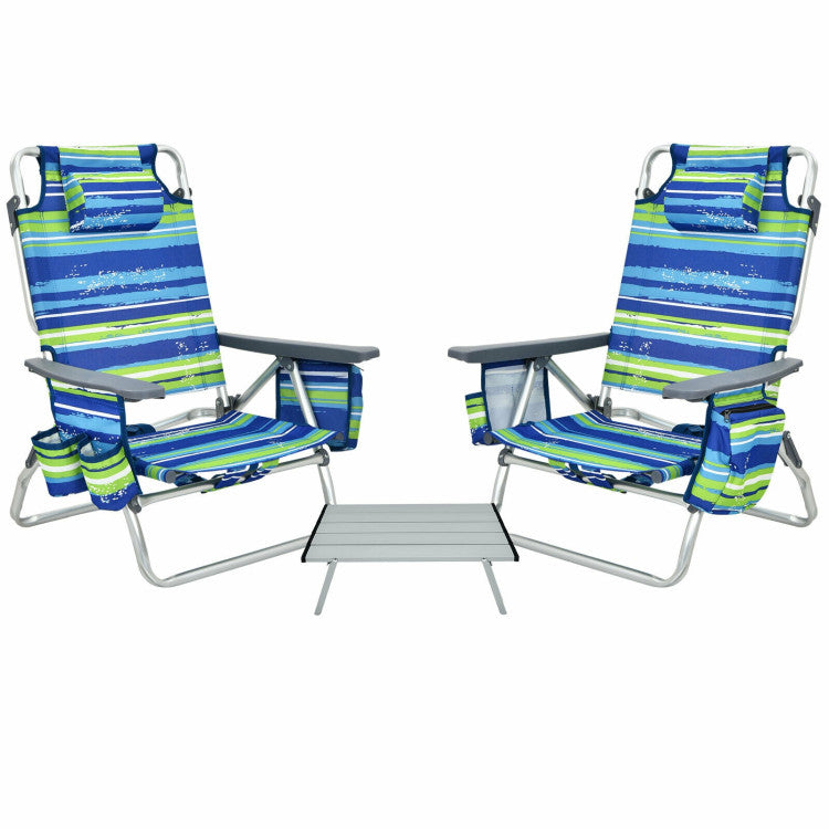 2 Pack 5-Position Outdoor Folding Backpack Beach Table Chair Reclining Chair Set-Blue