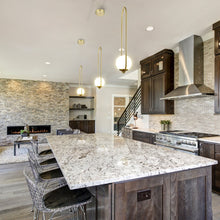 Load image into Gallery viewer, Integrated LED Height Adjustable Pendant Light in Antique Brass with Glass Shade

