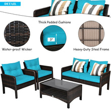 Load image into Gallery viewer, 4 Pieces Outdoor Rattan Wicker Loveseat Furniture Set with Cushions-Turquoise
