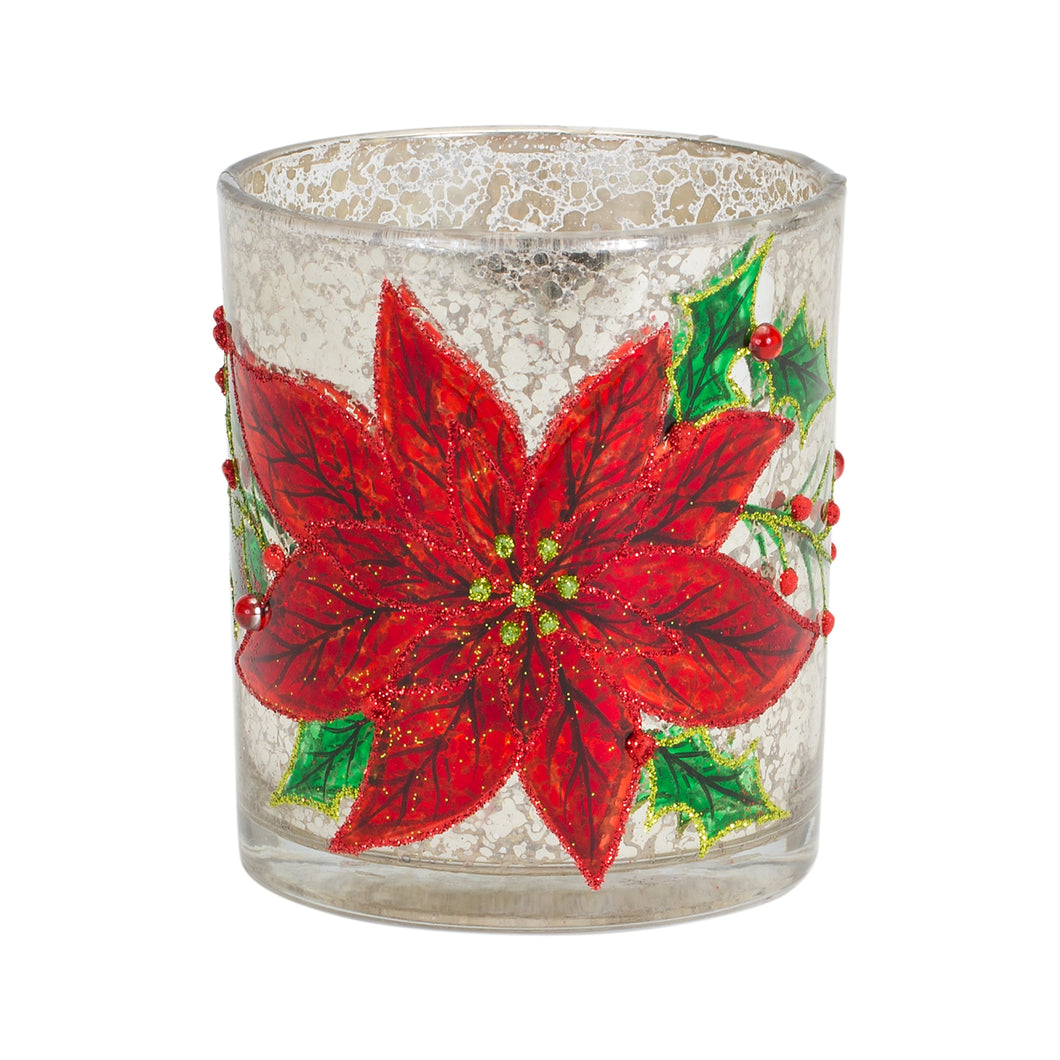 Crackle Glass Tea Light Candle Holder with Beaded Poinsetta Design (Set of 6)