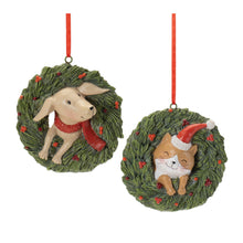 Load image into Gallery viewer, Playful Cat and Dog in Pine Wreath Ornament (Set of 4)
