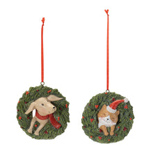 Load image into Gallery viewer, Playful Cat and Dog in Pine Wreath Ornament (Set of 4)
