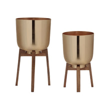 Load image into Gallery viewer, Round Metal Planter with Wooden Stand (Set of 2)
