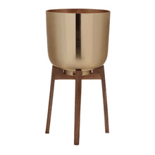 Load image into Gallery viewer, Round Metal Planter with Wooden Stand (Set of 2)
