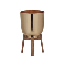 Load image into Gallery viewer, Round Metal Planter with Wooden Stand (Set of 2)
