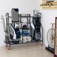 Load image into Gallery viewer, Double Golf Bag Rack with Removable Golf Club Stand and Wheels-Black
