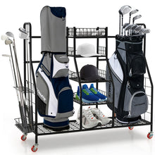 Load image into Gallery viewer, Double Golf Bag Rack with Removable Golf Club Stand and Wheels-Black
