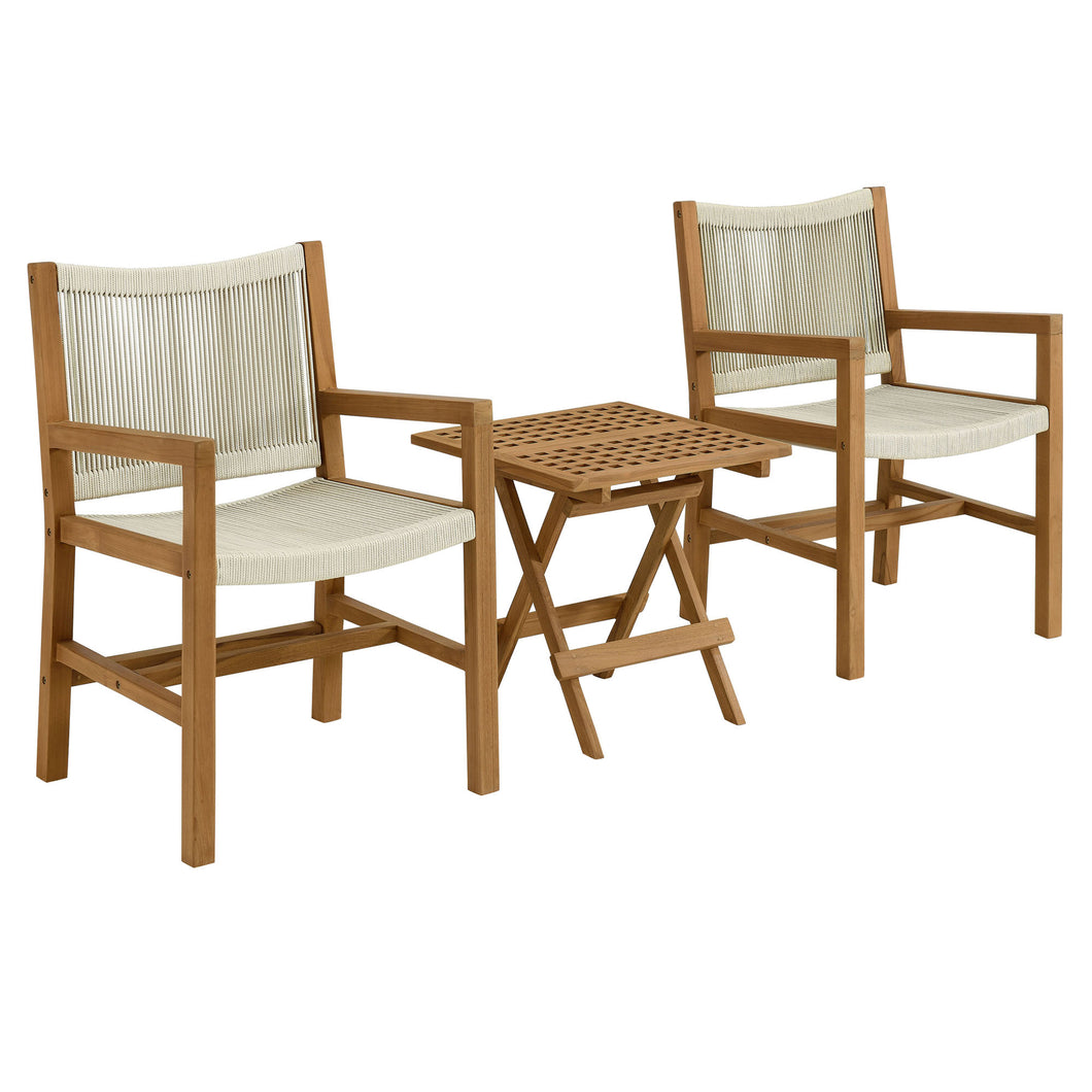 Vienna 3-Piece Outdoor Patio Teak and Rope Armchairs with Folding Side Table by Modway