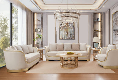 Modern living room with white sofas, a coffee table, and decorative elements.