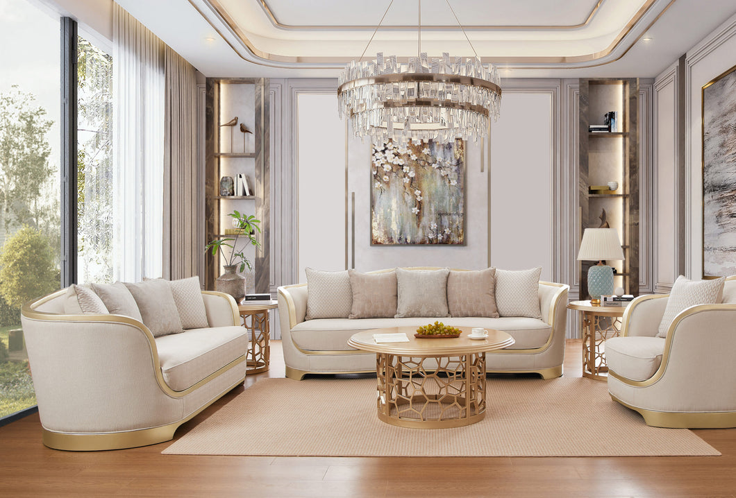 Modern living room with white sofas, a coffee table, and decorative elements.