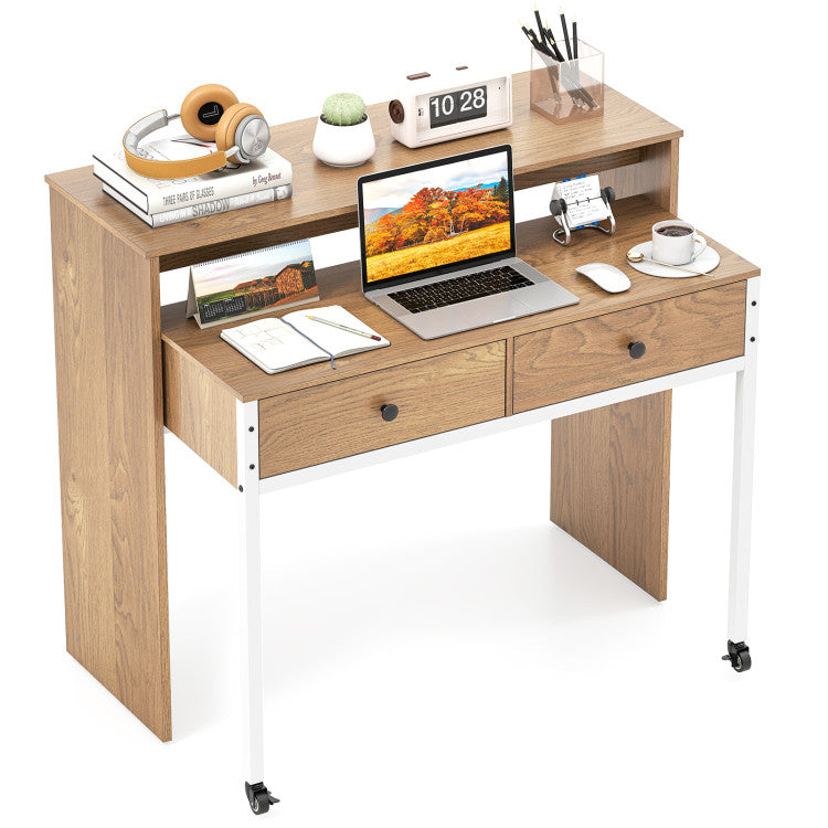Extendable Computer Desk with Pull Out Secondary Desk-Natural