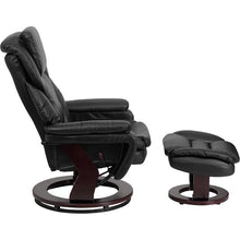 Load image into Gallery viewer, Recliner and Ottoman with Swivel Mahogany Wood Base in Black LeatherSoft
