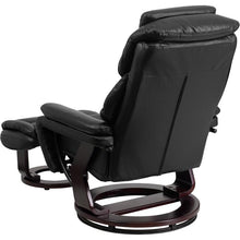 Load image into Gallery viewer, Recliner and Ottoman with Swivel Mahogany Wood Base in Black LeatherSoft
