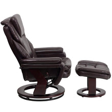 Load image into Gallery viewer, Recliner and Ottoman with Swivel Mahogany Wood Base in Brown LeatherSoft
