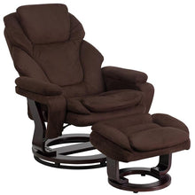 Load image into Gallery viewer, Recliner and Ottoman with Swivel Mahogany Wood Base in Brown Microfiber
