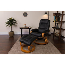 Load image into Gallery viewer, Adjustable Recliner and Ottoman with Swivel Maple Wood Base in Black LeatherSoft
