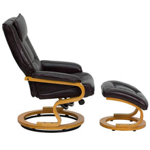 Load image into Gallery viewer, Adjustable Recliner and Ottoman with Swivel Maple Wood Base in Brown LeatherSoft
