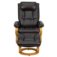 Load image into Gallery viewer, Adjustable Recliner and Ottoman with Swivel Maple Wood Base in Brown LeatherSoft
