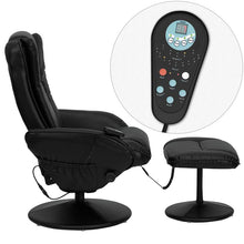 Load image into Gallery viewer, Massaging Plush Recliner with Side Pocket and Ottoman in Black LeatherSoft
