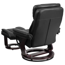 Load image into Gallery viewer, Recliner and Curved Ottoman with Swivel Mahogany Wood Base in Black LeatherSoft
