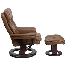 Load image into Gallery viewer, Recliner and Ottoman with Swivel Mahogany Wood Base in Palimino LeatherSoft
