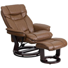 Load image into Gallery viewer, Recliner and Ottoman with Swivel Mahogany Wood Base in Palimino LeatherSoft
