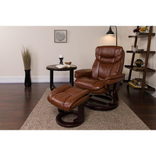 Load image into Gallery viewer, Recliner and Ottoman with Swivel Mahogany Wood Base in Brown Vintage LeatherSoft
