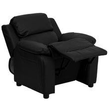 Load image into Gallery viewer, Deluxe Padded Contemporary Black LeatherSoft Kids Recliner with Storage Arms
