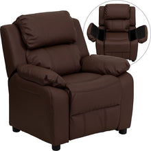 Load image into Gallery viewer, Deluxe Padded Contemporary Brown LeatherSoft Kids Recliner with Storage Arms
